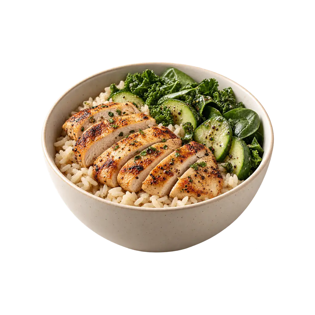 A bowl of rice, sliced chicken and greens