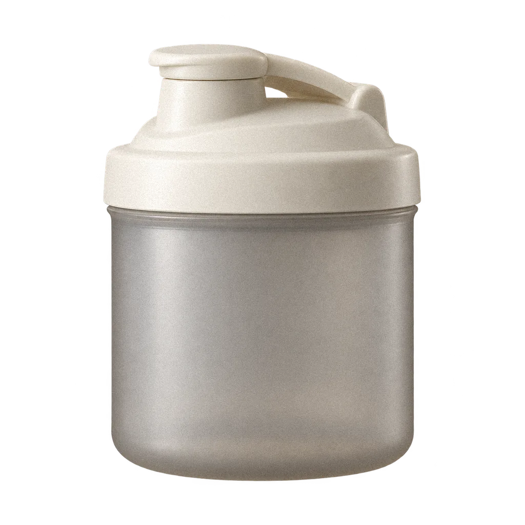 A frosted protein shaker bottle