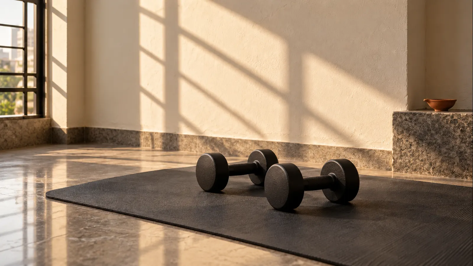 Two dumbbells on an exercise mat beside a stone ledge with an unlit clay diya