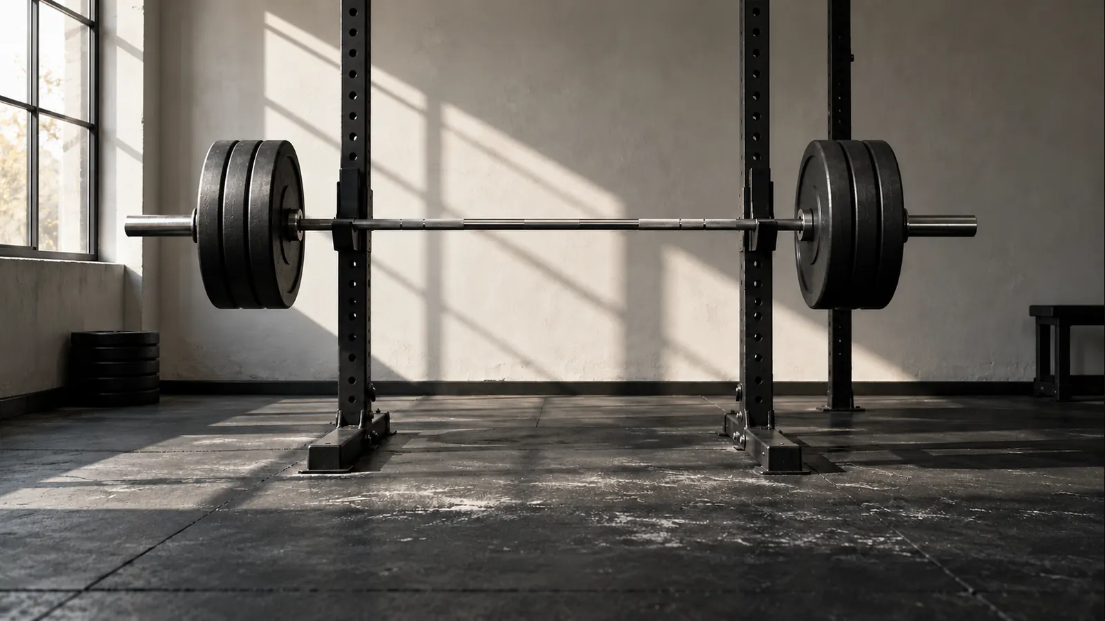 A loaded barbell on a rack in an empty gym lit by a window