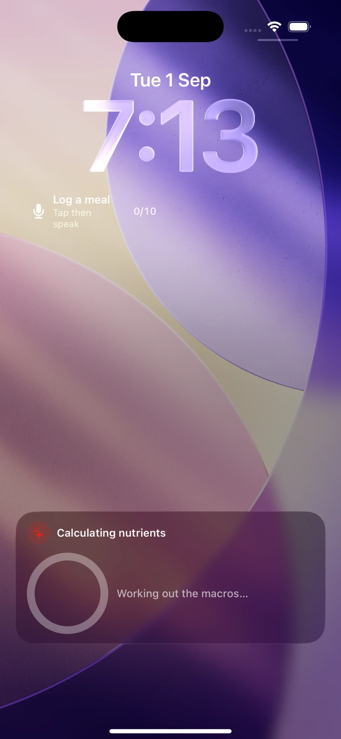 Liftor on the lock screen, calculating the nutrients of a meal logged by voice