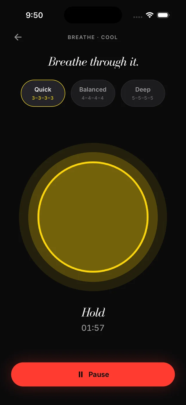 Box breathing: the screen in the Liftor app