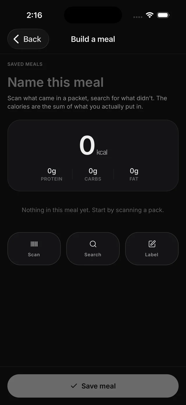 Save your own meals: the screen in the Liftor app