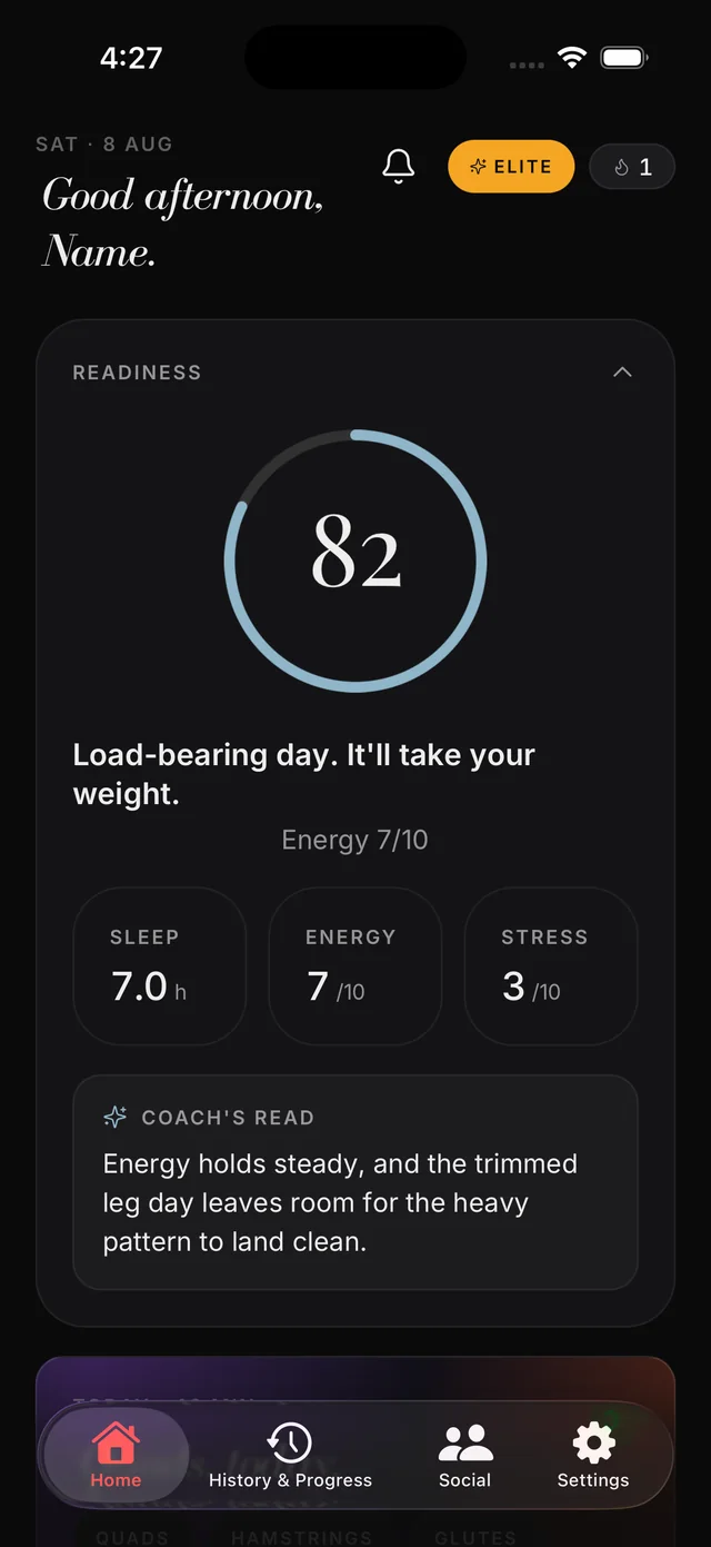 The morning readiness screen: a score of 82, sleep, energy and stress, and the coach’s read of a trimmed leg day