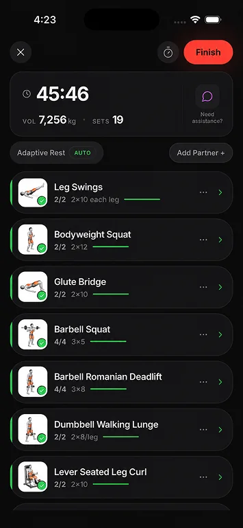 The whole workout, one screen: the screen in the Liftor app