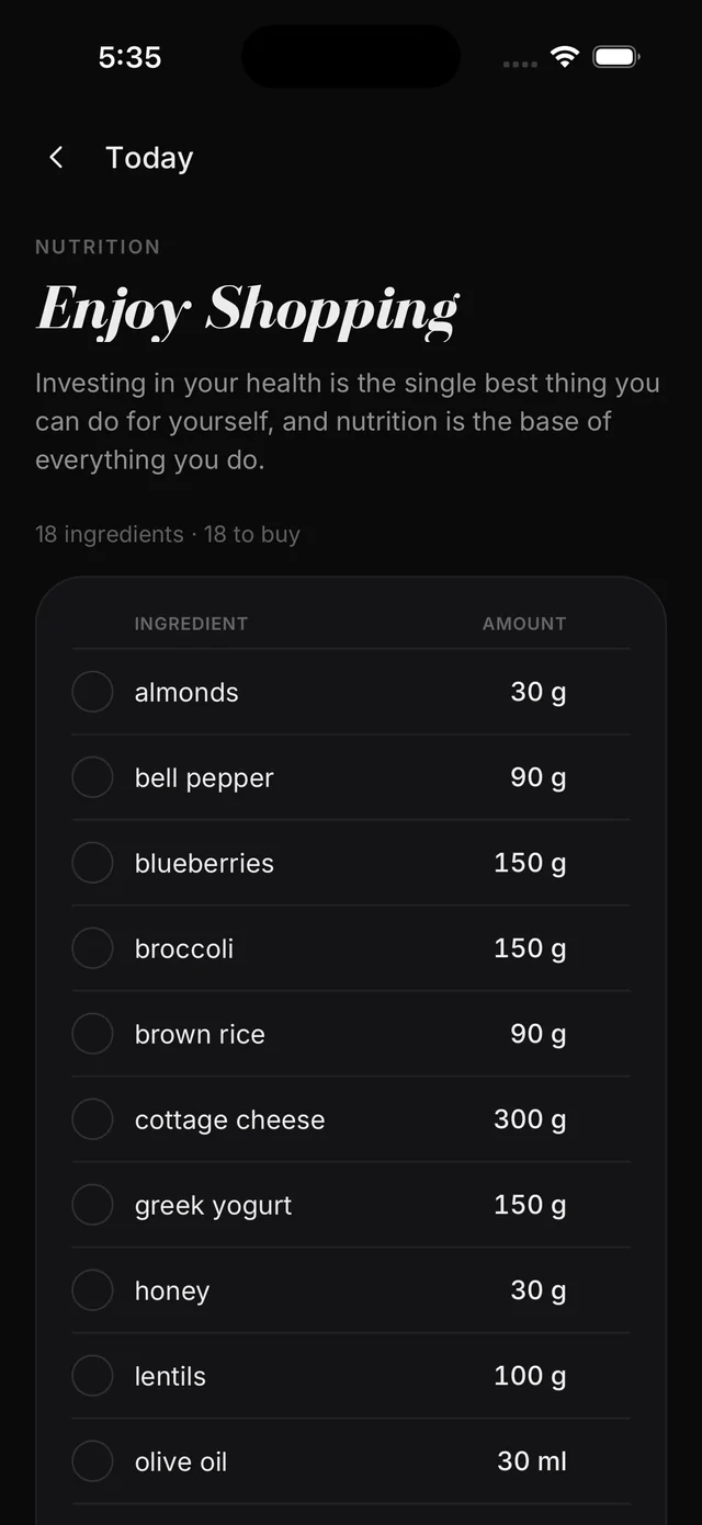 A shopping list from your plan: the screen in the Liftor app